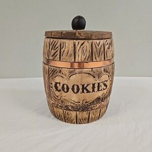 Treasure Craft Cookie Jar Faux Wood Barrel Made in USA Vintage Cottagecorp